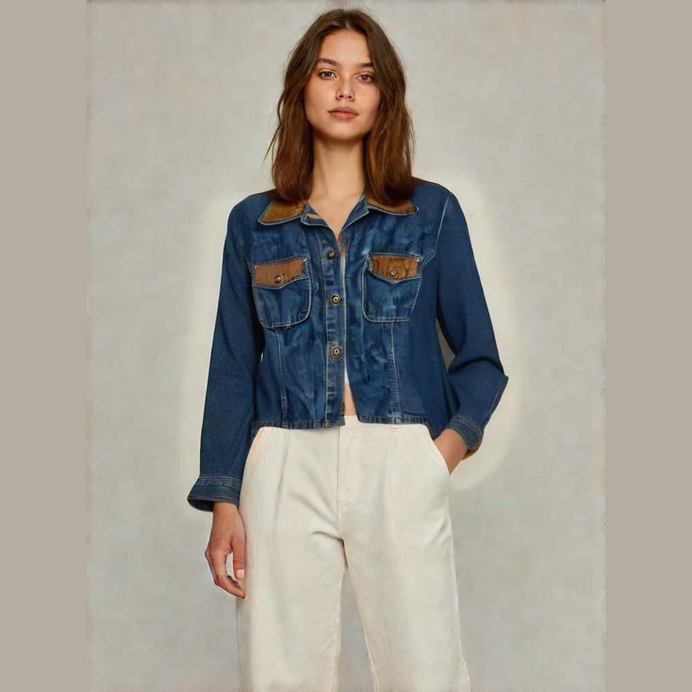Vintage Denim Jacket with Faux suede leather Brown Accents Jean Jacket teacher